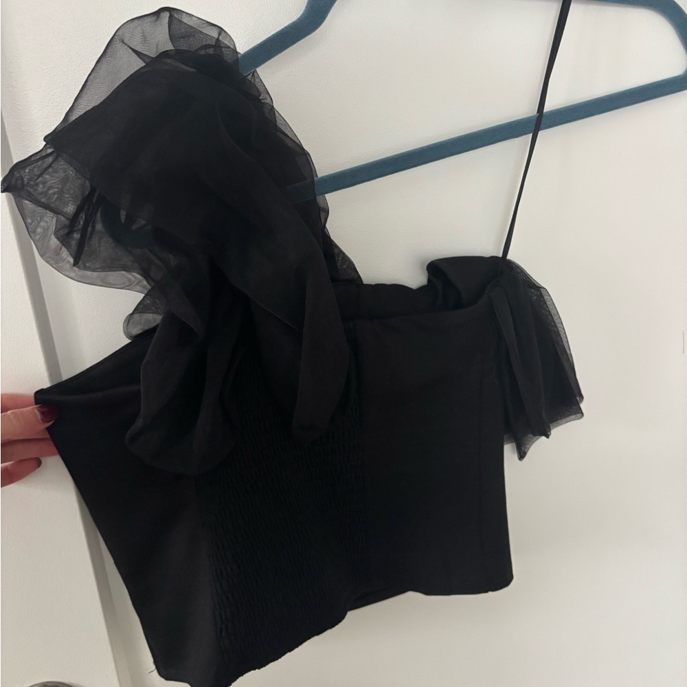 Anthropologie Black One-Shoulder Ruffle Top - Picture 4 of 4
